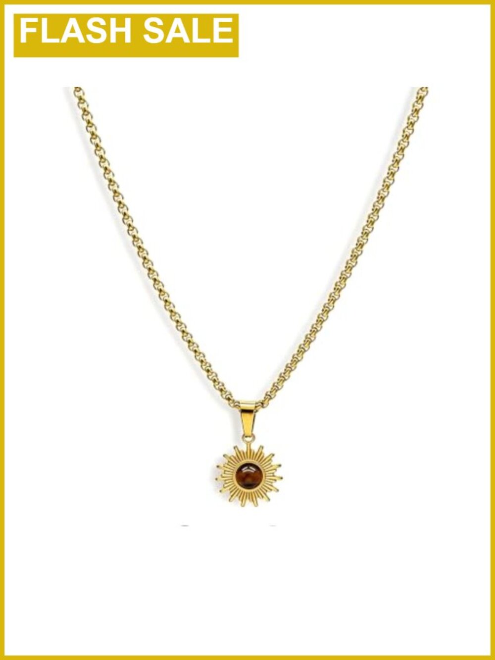 Stainless Steel Sun Pendant Necklace with Faux Tiger Eye, 60cm Chain